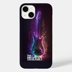 Coque Pour iPhone 14 Neon Electric Guitar Music Nom personnalisé