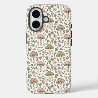 Coques iPhone 16 Neutral Aesthetic Mushroom Fungi Seamless Pattern