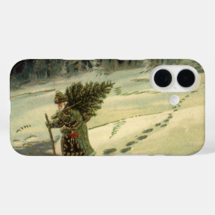 Coques iPhone 16 Noël vintage, le Père Noël portant un arbre