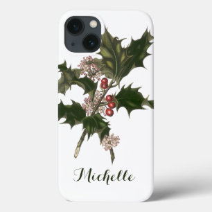 iPhone 13 Case Noël vintage, plante de houx verte avec des baies
