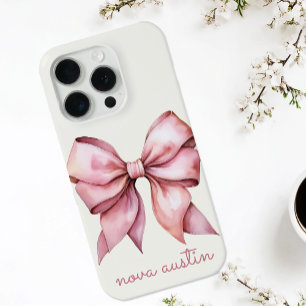 Coque iPhone 15 Pro Nœud Rose Tendance Personnalisé Avec Nom Monogramm