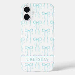 Coques iPhone 16 Plus Nœuds Coquette Aqua Monogrammés