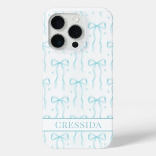 Coque iPhone 15 Pro Nœuds Coquette Aqua Monogrammés