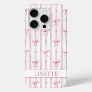 Coque iPhone 15 Pro Nœuds Coquette Rayés Rose Élégants Monogrammés