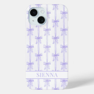 Coque Pour iPhone 15 Nœuds Coquette Violets Monogrammes Rayés