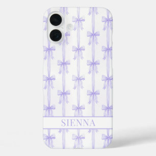 Coques iPhone 16 Plus Nœuds Coquette Violets Monogrammes Rayés