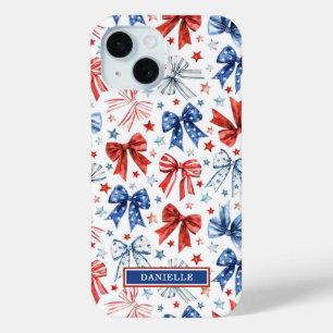 Coque Pour iPhone 15 Nœuds de Coquette Patriotique Monogrammés