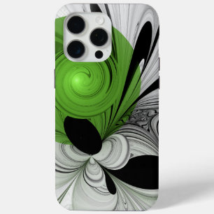 Coque iPhone 15 Pro Max Noir Abstrait et blanc avec art fractal vert