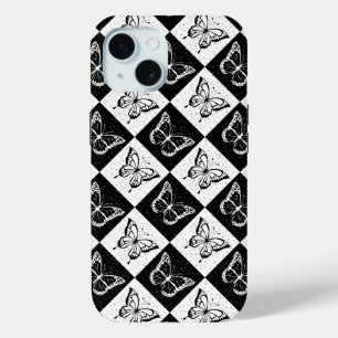 Coque Pour iPhone 15 Noir blanc À damiers conception papillon
