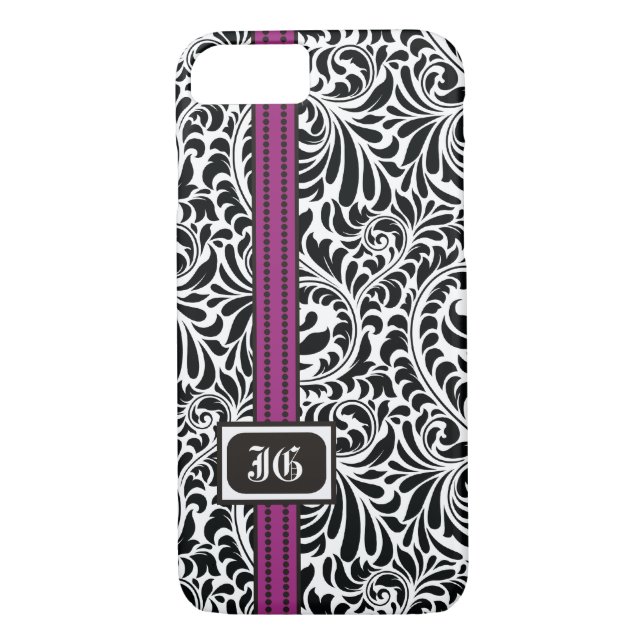 Coques Case-Mate iPhone Noir blanc damassé et bande violette avec initiale (Dos)