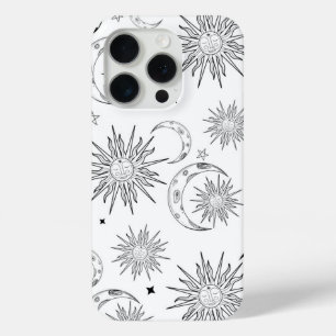 Coque iPhone 15 Pro Noir & Blanc Fantaisiste Soleil Lune & Étoiles