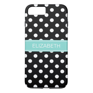 Etui iPhone Case-Mate Noir Blanc Pois #2 Turquoise Nom Monogramme
