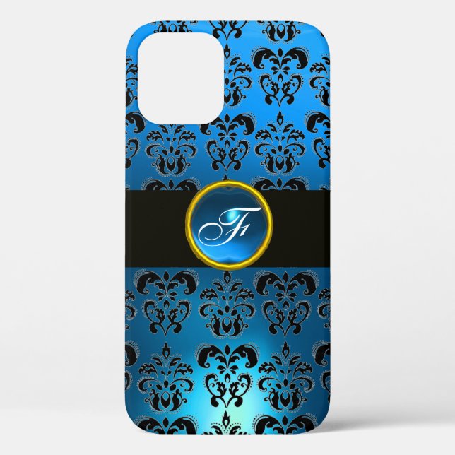 COQUES Case-Mate iPhone NOIR BLEU DAMASK GEM STONE MONOGRAM (Verso)