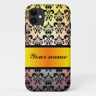 Coques Pour iPhone Noir damassé & ruban orange or