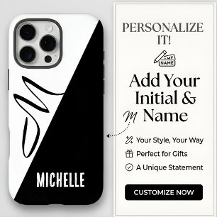 Coques iPhone 16 Pro Max Noir et blanc divisé, monogramme classique manuscr