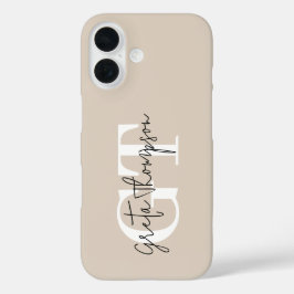 Coques iPhone 16 Noir et blanc Nom de la signature Monogramme Beige