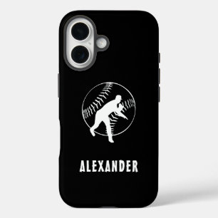 Coques iPhone 16 Noir Et Blanc Nom Homme Joueur De Baseball Pitcher