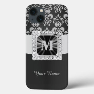Coques Pour iPhone Noir et blanc vintage damask personnalisé