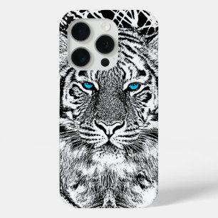Coque iPhone 15 Pro Noir et Bleu Yeux Design Tiger