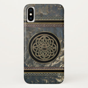 Coque iPhone X Noir et noeud celtique en métal d'or sur le cas d