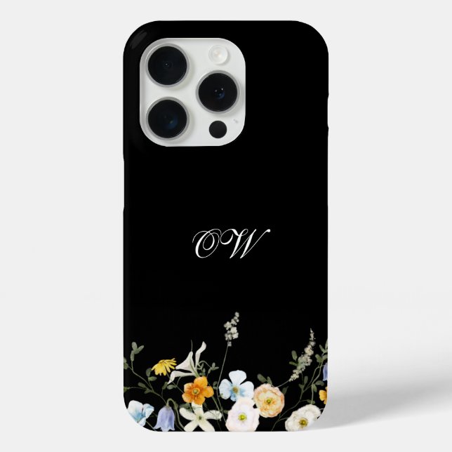 Coques Case-Mate iPhone Noir Fleur sauvage Floral Élégant Initiales Monogr (Verso)