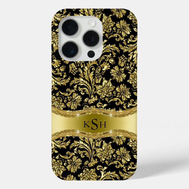 Coques Case-Mate iPhone Noir & Métallic Or Floral Damas Monogramme (Verso)