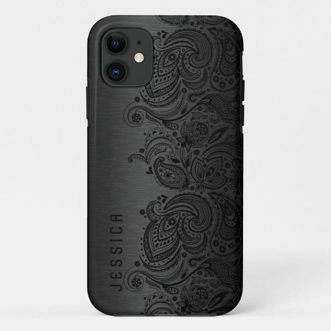 Coques Case-Mate iPhone Noir métallique avec dentelle de marguerite noire (Dos)