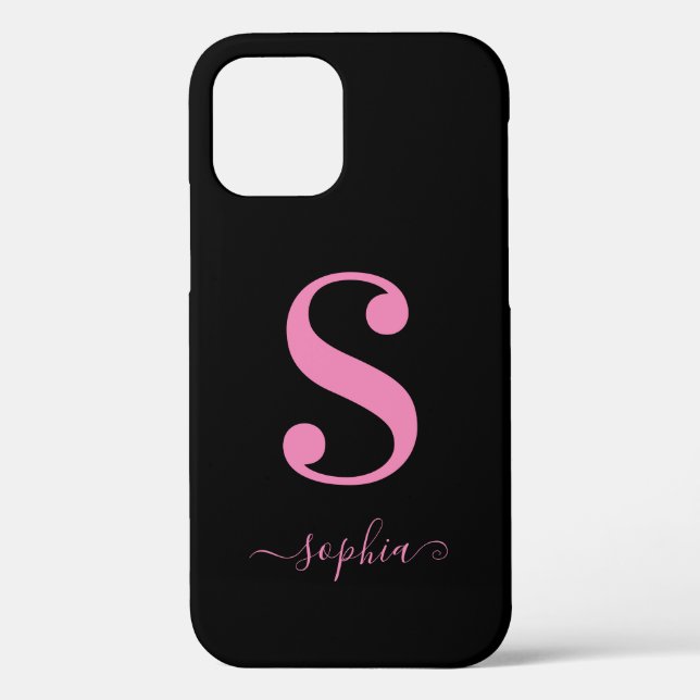 Coques Case-Mate iPhone Noir minimal avec Monogramme rose Nom du script (Verso)