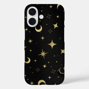 Coques iPhone 16 Noir & Or Moderne Céleste Lune Étoiles
