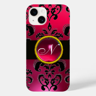 Coque Pour iPhone 14 NOIR ROSE FUCHSIA DAMASK MONOGRAM, Ruby Gemstone