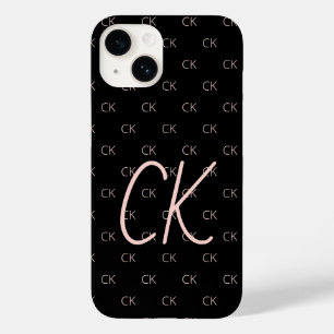 Coque Pour iPhone 14 Noir rose or monogramme initiales moderne