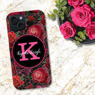 Coque Pour iPhone 15 Noir rose Rose Marbre Diamant Nom Monogramme