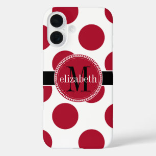 Coques iPhone 16 Noir rouge Gros Polka Dot Monogramme