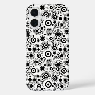 Coques iPhone 16 Noir sur cercle blanc points cachemire style motif