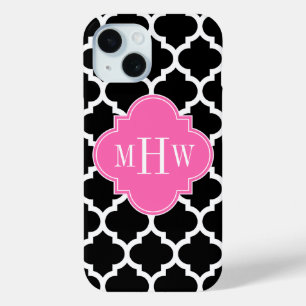 Coque Pour iPhone 15 Noir Wht Marocain #5 Rose Chaud #2 Nom Monogramme