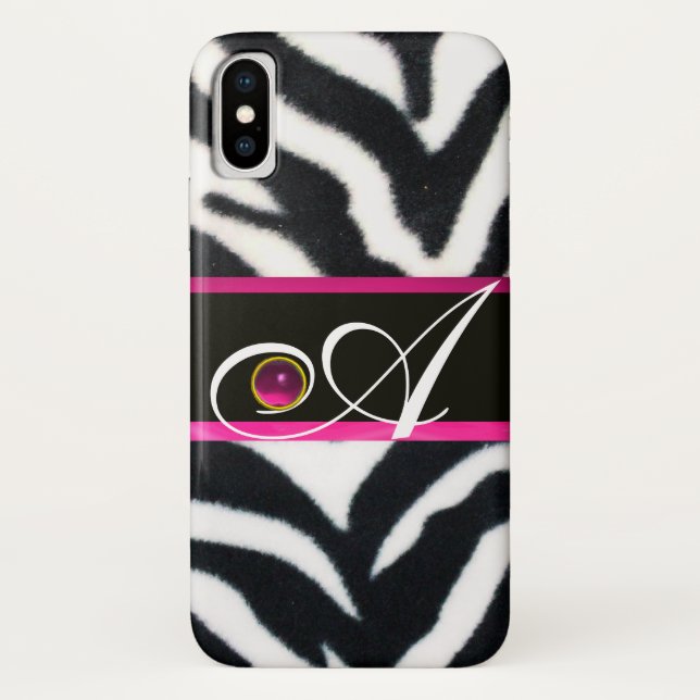 COQUES Case-Mate iPhone NOIR ZEBRA FUR FUCHSIA ROSE GEM MONOGRAM, (Dos)