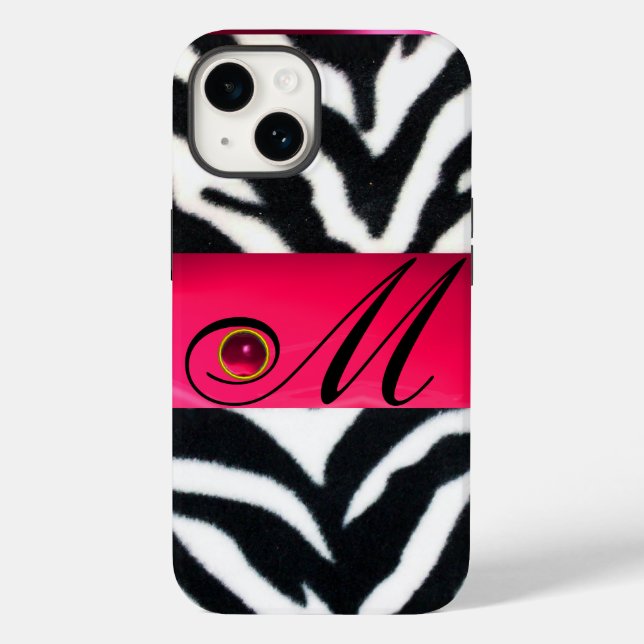COQUES Case-Mate iPhone NOIR ZEBRA FUR FUCHSIA ROSE GEM MONOGRAM, (Verso)