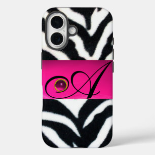 COQUES iPhone 16 NOIR ZEBRA FUR FUCHSIA ROSE GEM MONOGRAM,