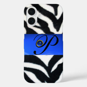 COQUES iPhone 16  NOIR ZEBRA FUR SAPPHIRE BLEU GEM MONOGRAM,
