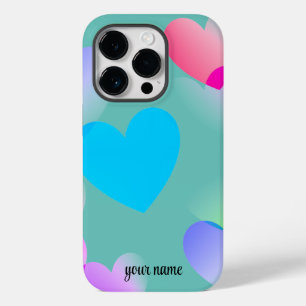 Coque Pour iPhone 14 Pro Nom Colorful Gliding Hearts, Turquoise