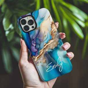 Coques iPhone 16 Pro Max Nom de calligraphie personnalisé sur marbre bleu o