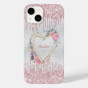 Coque Pour iPhone 14 Nom de coeur floral rose-rousse argenté