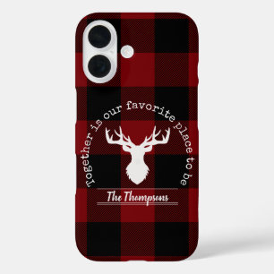 Coques iPhone 16 Nom de famille de cerf à carreaux rouge et noir de