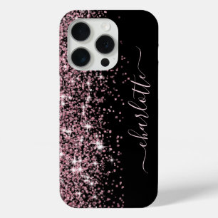 Coque iPhone 15 Pro Nom de fille rose pailleté scintillant bordure noi
