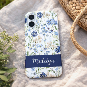 Coques iPhone 16 Nom de fleur sauvage à l'aquarelle bleue
