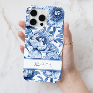 Coque iPhone 15 Pro Max Nom de fleurs de chinoiserie florale bleue personn