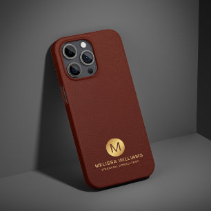 Coque iPhone 15 Pro Max Nom de monogramme élégant Rouge Faux Cuir & Or