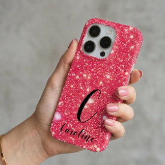 Coque iPhone 15 Pro Nom de monogramme glamour rose vif pailleté scinti