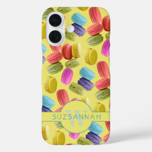 Coques iPhone 16 Nom de monogramme Rainbow Macaron Motif de cookies