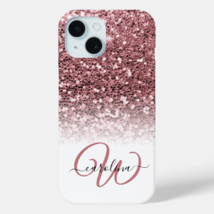 Coque Pour iPhone 15 Nom de parties scintillant de rose monogramme élég